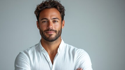 Obraz premium Full-length portrait of a confident businessman in a white shirt, isolated against a white background.