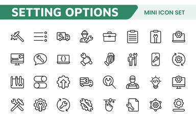 Settings and Maintenance Icon Set. Sleek and functional icons for user interfaces, perfect for enhancing apps and websites with intuitive navigation for settings, updates, and maintenance.