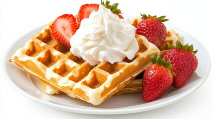 A plate of fluffy Belgian waffles topped with whipped cream and fresh strawberries, Each waffle's golden-brown surface and airy texture invitingly displayed