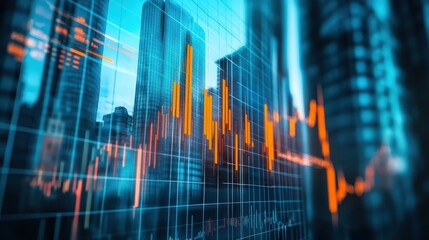 Real estate and investment concept with bottom view on sunny skyscrapers tops and digital financial chart with stock market diagram
