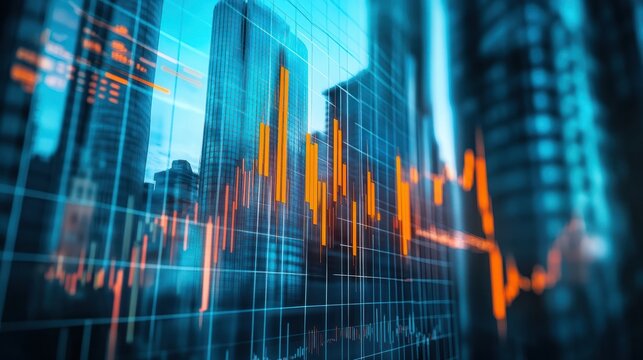 Real estate and investment concept with bottom view on sunny skyscrapers tops and digital financial chart with stock market diagram