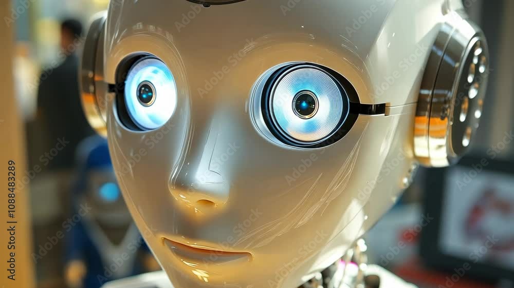 Aufkleber a humanoid robot with expressive eyes captures attention at a technology expo. attendees observe its