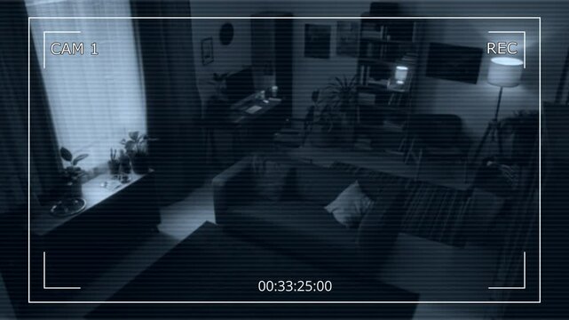 CCTV no people footage of interior of living room with sofa, wooden furniture, rugs on floor and paintings on walls