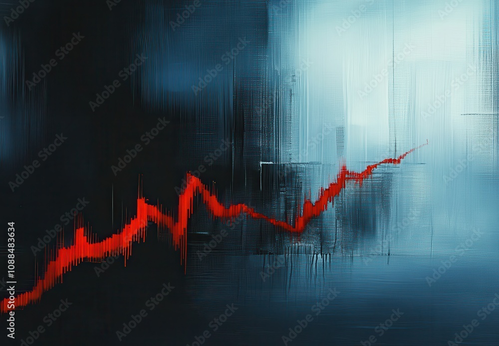 Poster abstract visualization of financial market trends with a dynamic red line representing growth amidst