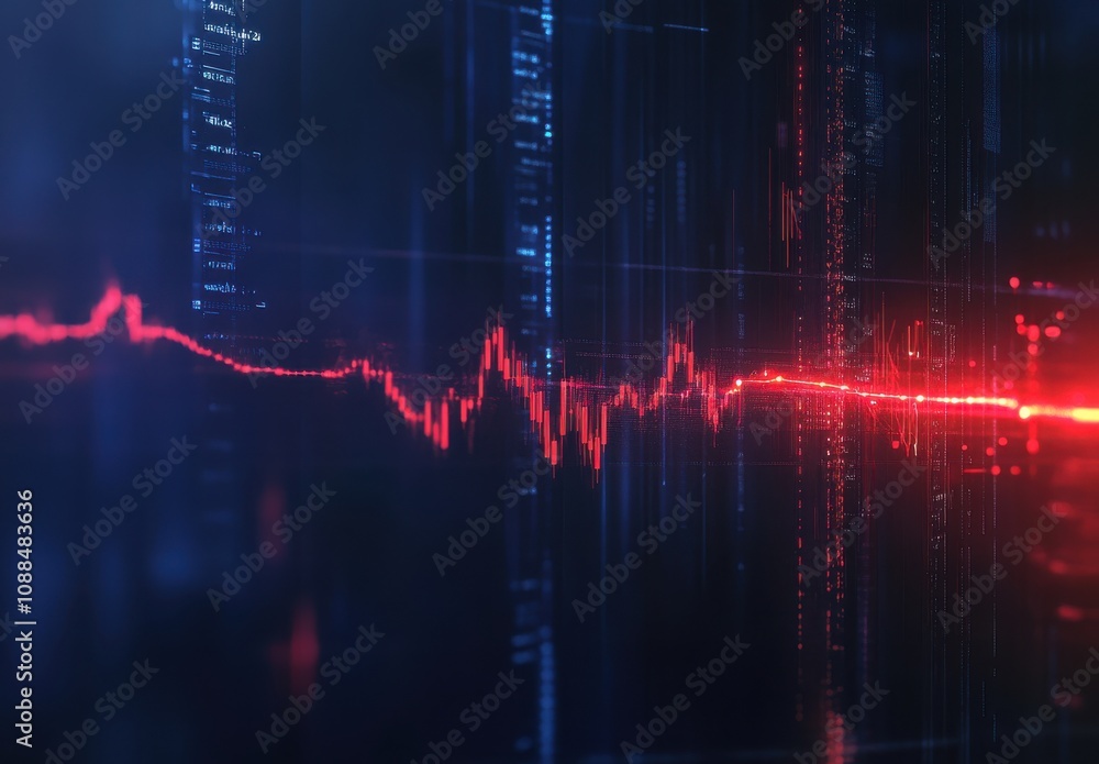 Poster abstract visualization of a digital signal wave exhibiting vibrant red and blue colors, representing