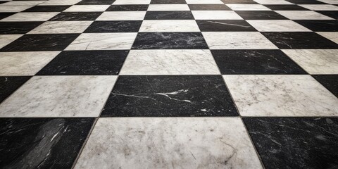 Obraz premium Black and white checkered floor tiles texture creates a distinct background perfect for various uses. This black and white checkered floor tiles texture offers free space for text or advertising.
