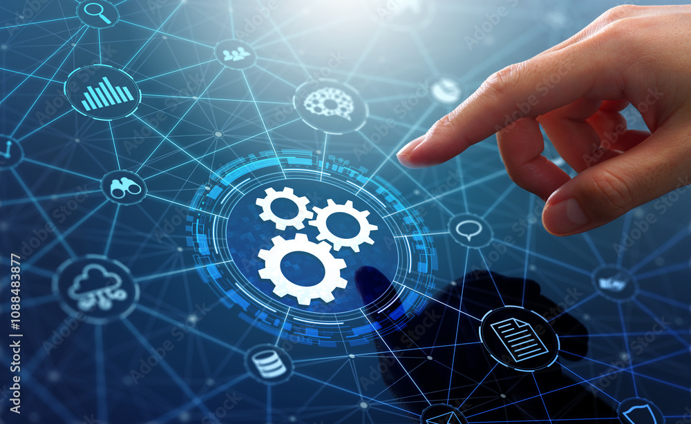 Poster Automation of business or robotic process RPA technology. Transfer of data between application. Businessman touching gears icon on network connection.