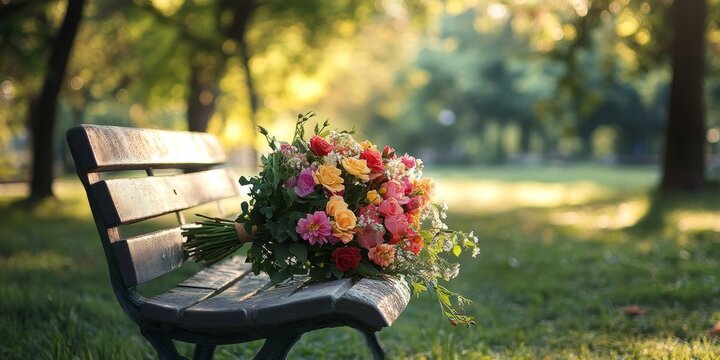 A bouquet of flowers placed on a bench in a serene setting serves as a touching memorial, symbolizing remembrance and honoring cherished memories with the beauty of flowers.