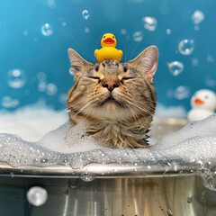 A photo of an adorable cat sitting in the tub at his pet spa, Pet Grooming Day Banner Background for Grooming Salons 