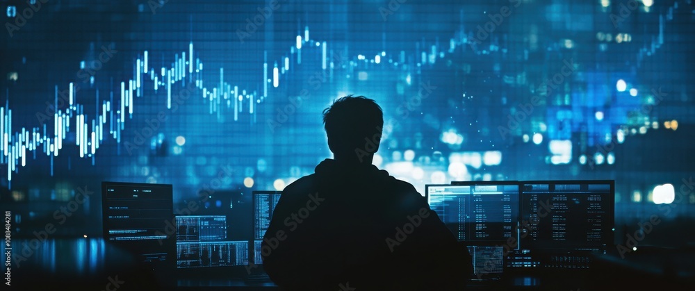 Poster a focused individual analyzing financial data on multiple screens with vibrant graphs and charts, sh