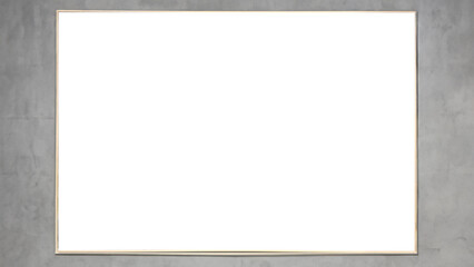  A blank rectangular white canvas framed with a thin golden border, mounted on a concrete gray wall, offering a minimalist and modern aesthetic