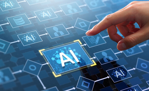 Automation of workflow with artificial intelligence AI. Intelligent process automation IA or robotic process automation RPA technology. Businessman touching AI icon on flowchart.