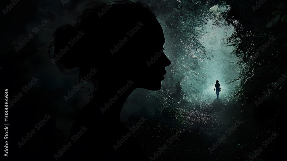 Poster mysterious figure walking through a foggy forest nature digital art enchanted atmosphere side view e