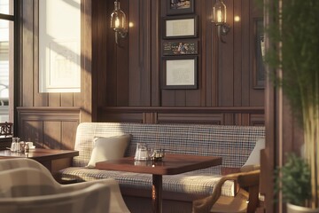 Cozy Cafe Corner Booth With Wooden Walls And Artwork