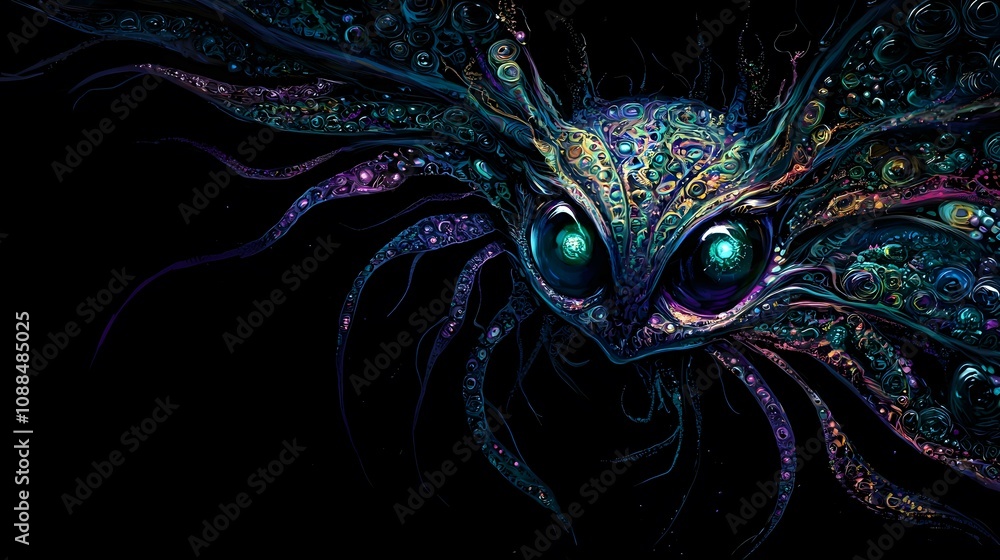 Poster mystical abstract creature deep space digital art cosmic environment close-up view surreal concept