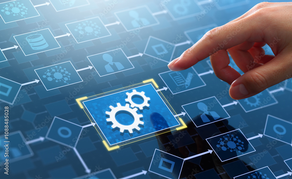 Poster Business process automation BPA technology. Workflow system. Businessman touching gears icon on flowchart.