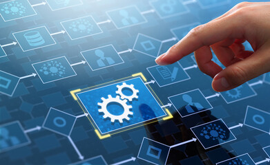 Business process automation BPA technology. Workflow system. Businessman touching gears icon on...