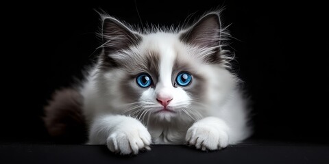 Obraz premium Adorable young blue bicolor Ragdoll cat kitten lounging on the edge, gazing directly at the camera with striking blue eyes. This charming blue bicolor Ragdoll cat captivates on a black background.
