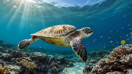 Obraz premium Green Sea Turtle and coral reef