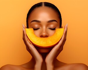 Close-up of an African American woman with vitiligo holding a fresh papaya near her face, soft natural light, radiant skin, capturing beauty and self-care
