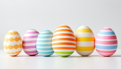 Naklejka premium Colorful striped easter eggs arranged in a row on a white background
