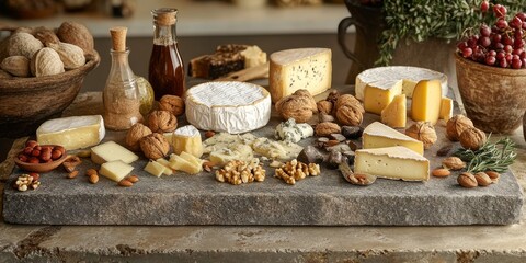 A rustic stone table featuring a delightful assortment of cheeses, nuts, and spices, perfect for showcasing the charm of farm style gatherings and culinary experiences centered around cheeses.