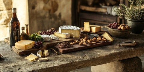 A rustic stone table featuring a delightful assortment of cheeses, nuts, and spices, perfect for showcasing the charm of farm style gatherings and culinary experiences centered around cheeses.
