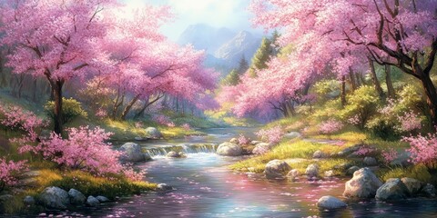 Cherry blossoms known as Somei Yoshino bloom vibrant along a serene stream during spring, creating a picturesque scene filled with the beauty of cherry blossoms in nature.