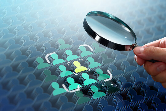 Market analysis and customer analysis. Target marketing strategy concept. Marketer magnifying audience icon.