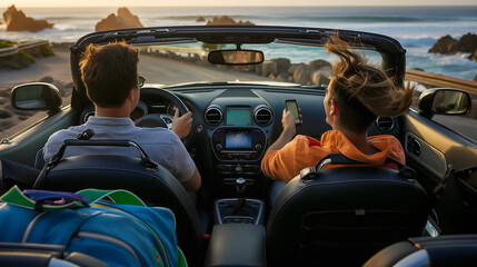 Two men are driving together in a convertible along a beautiful coastline, with one holding a phone while the other focuses on the road. The ocean waves crash nearby