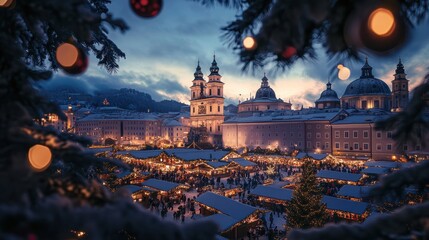 Obraz premium Salzburg Christmas Market seen trough a Christmas tree branches