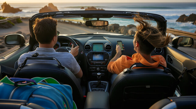 Two men are driving together in a convertible along a beautiful coastline, with one holding a phone while the other focuses on the road. The ocean waves crash nearby