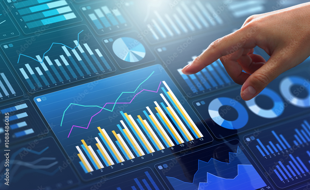 Poster Data analytics dashboard of business marketing or finance. Analyst touching growth graph.