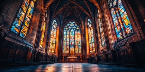 A historic church building featuring stunning stained glass windows. The architectural details of the church and stained glass windows create a captivating scene worth exploring.