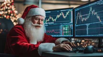 Santa Claus working at a trading desk with computer monitors displaying stock market charts. Concept of finance, holidays, and humorous juxtaposition of Santa in a modern work environment.