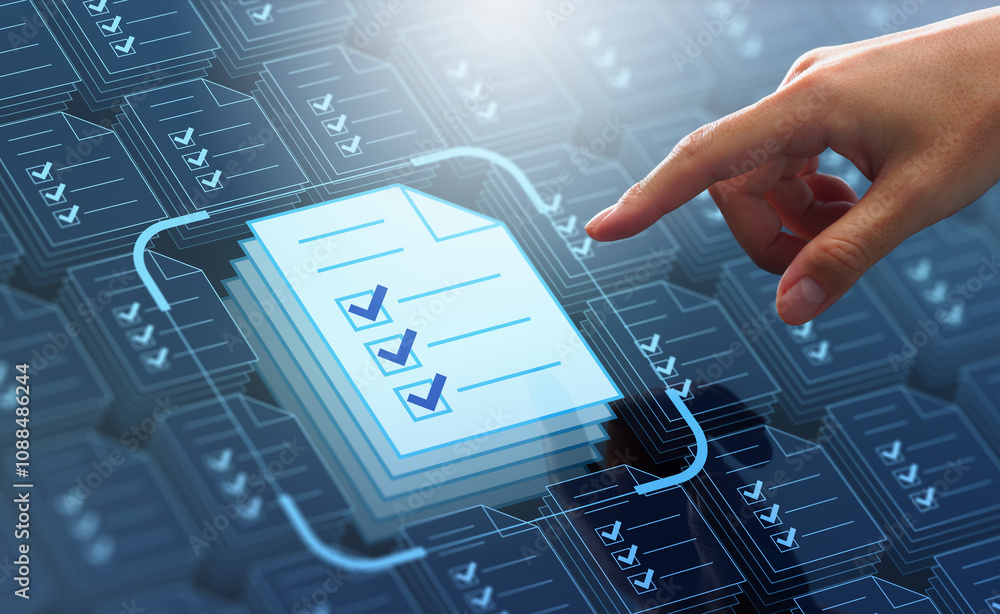 Poster Business compliance of document management. Document or file icons and checkmark. Businessman stored documents on server according to law.
