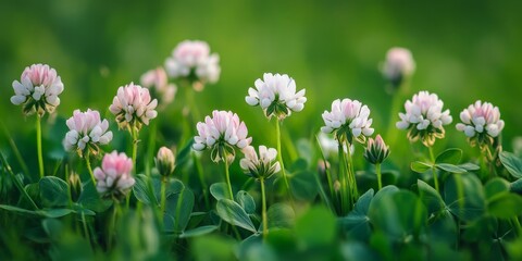 Fototapeta premium Delicate white and pink clover flowers bloom amidst lush grass in a vibrant summer garden. This macro photography captures the beauty of nature, highlighting the elegance of clover flowers.