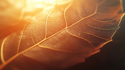 Close-up of a leaf's intricate veins highlighted by warm sunlight.