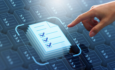 Business compliance of document management. Document or file icons and checkmark. Businessman stored documents on server according to law.