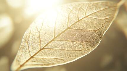 Close-up of a delicate leaf glowing under warm sunlight with intricate veins visible.