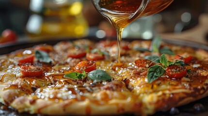 A slice of tomatoes and basil pizza with hot chili honey drizzled on top. Spicy-sweet food concept.