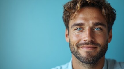Fototapeta premium Young businessman holding a digital tablet, isolated against a light blue background.
