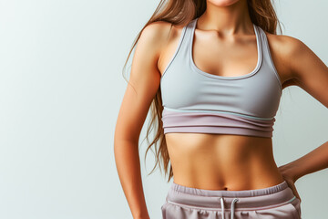 Obraz premium Cropped no filter photo of slim sporty perfect strong girl with ideal athletics shape isolated on white color background