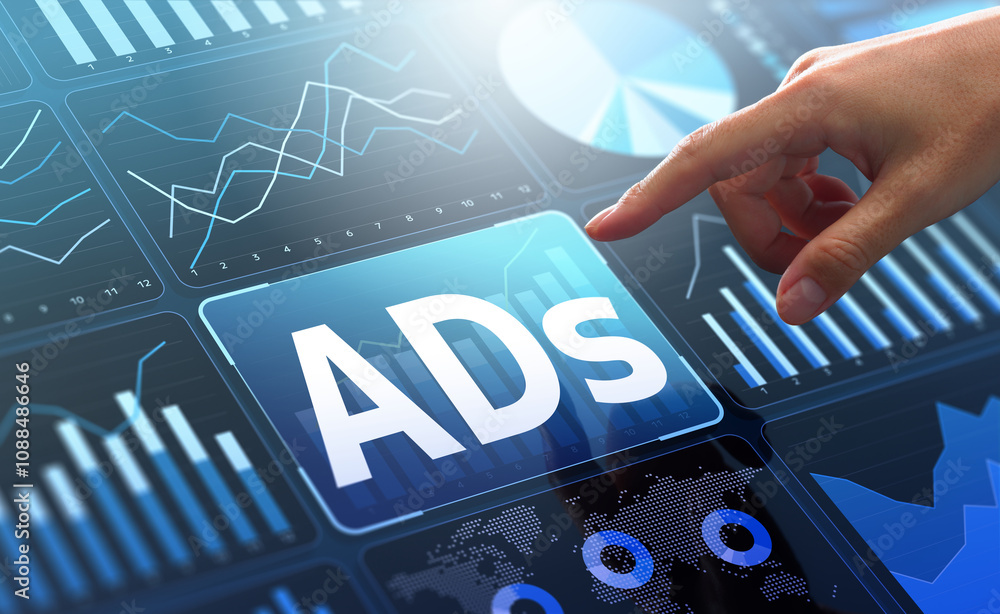 Leinwandbilder Digital advertising strategy and online marketing analysis. Data of sales and customer statistics. Analyst touching graph and chart of analytics dashboard.