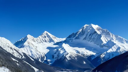 Obraz premium Majestic winter mountain with snow-covered peaks against a vivid blue sky in a wide panoramic view