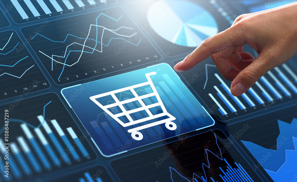 Poster Graphs of sales data on analytics dashboard. Marketing strategy and e-commerce data technology.Businessman touching shopping cart icon on dashboard.