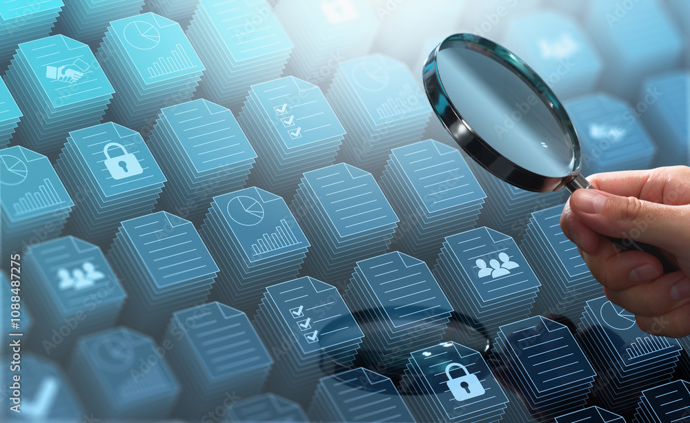 Fototapete Searching business documents and files in document management system DMS storage. Businessman magnifying file icons.