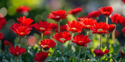 Obraz premium Vibrant red daisies adorned the blooming garden, showcasing the beauty of nature. The stunning red daisies create a cheerful atmosphere, inviting joy and warmth to any outdoor setting.