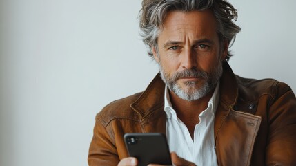 Middle-aged businessman with a phone, isolated against a white background, holding the phone and looking at it.
