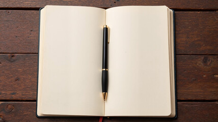 Open notebook with pen on wooden table